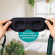 Load image into Gallery viewer, A closeup of a hand holding a sleeping eye mask with text pointing to the nose bridge portion of the mask to ensure complete light-blocking