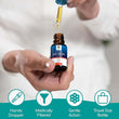 Load image into Gallery viewer, A hand holding a bottle of olive oil ear drops bottle and dropper with icons below for handy dropper, medically filtered, gentle action, & travel size bottle