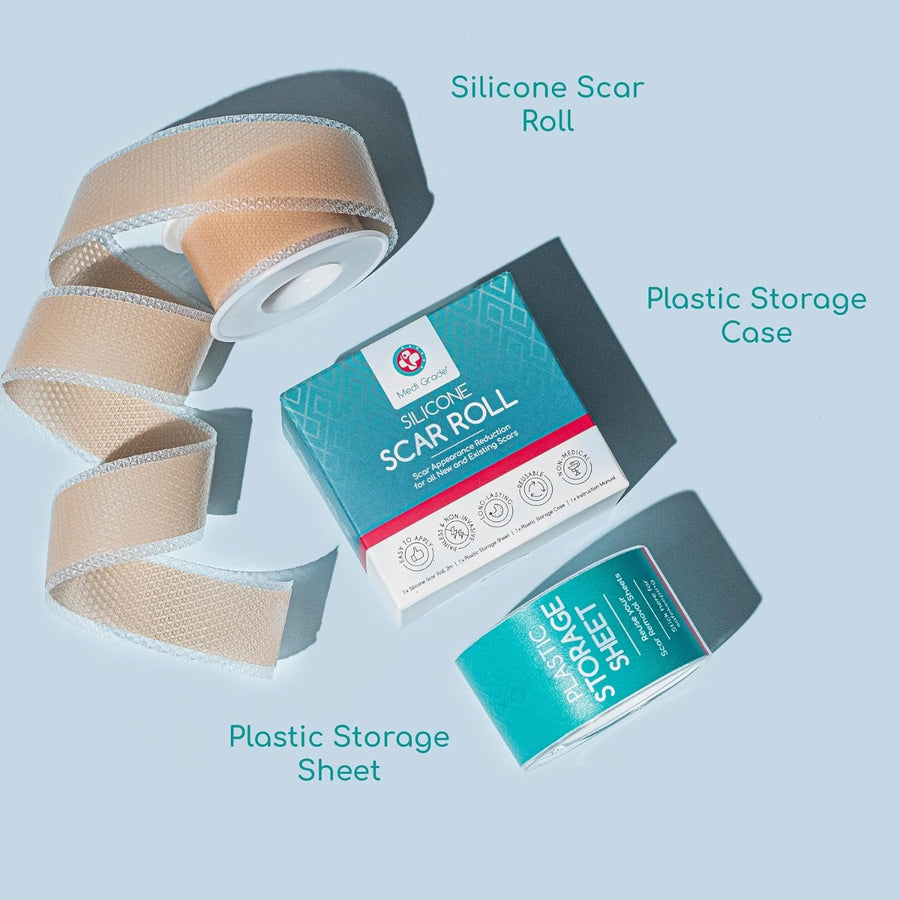 Flat lay of silicone scar roll or tape, plastic storage case, & its retail box