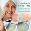 Load image into Gallery viewer, Woman using a blotting paper on her face with zoomed in image of used blotting paper