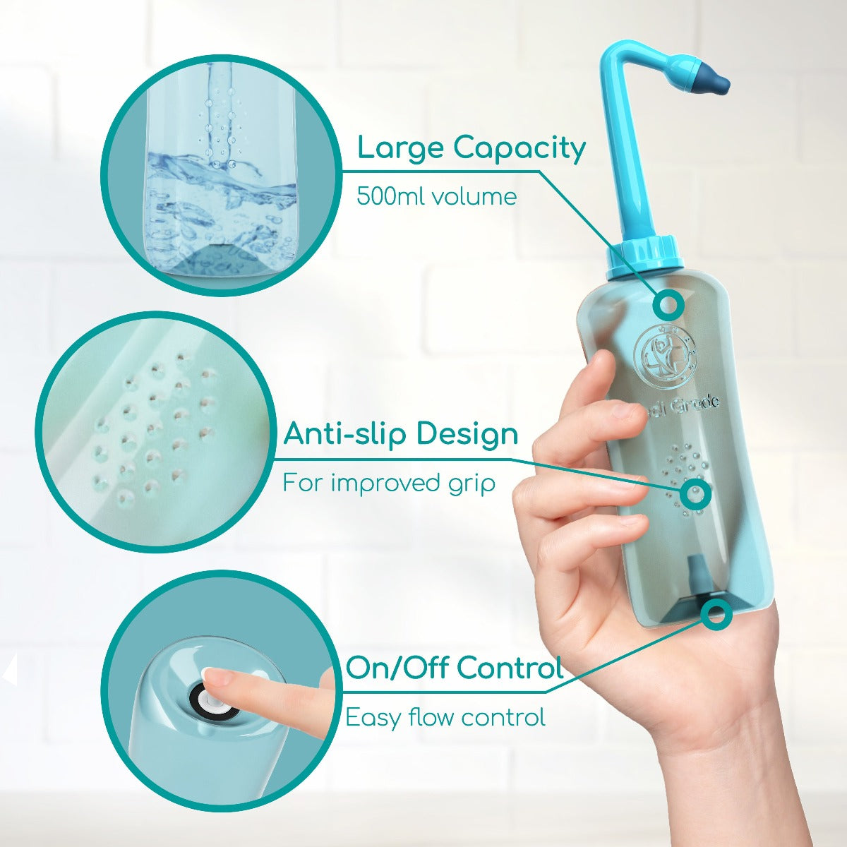 Hand holding a Medi Grade Nasal Rinse Bottle with labels pointing out to the different parts/features of the bottle - large capacity, anti-slip design, on/off control