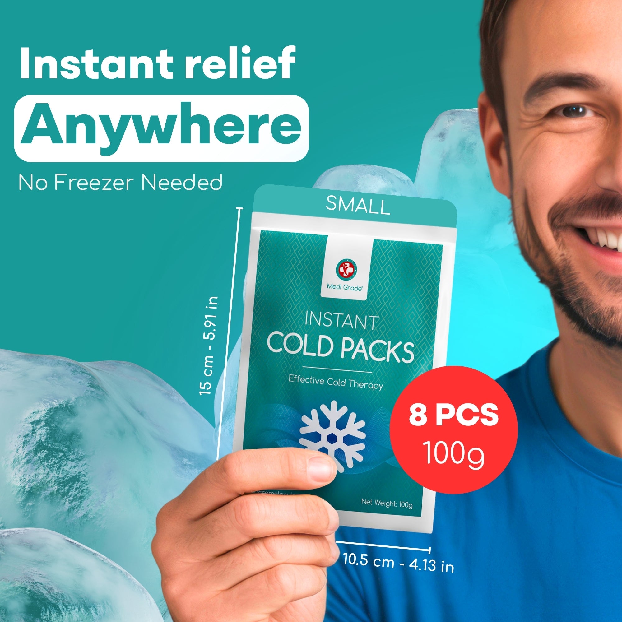 Medi Grade Instant Cold Pack, 8 Packs of 100g (4.5”x6”) - for Injuries with Stabilisation Band