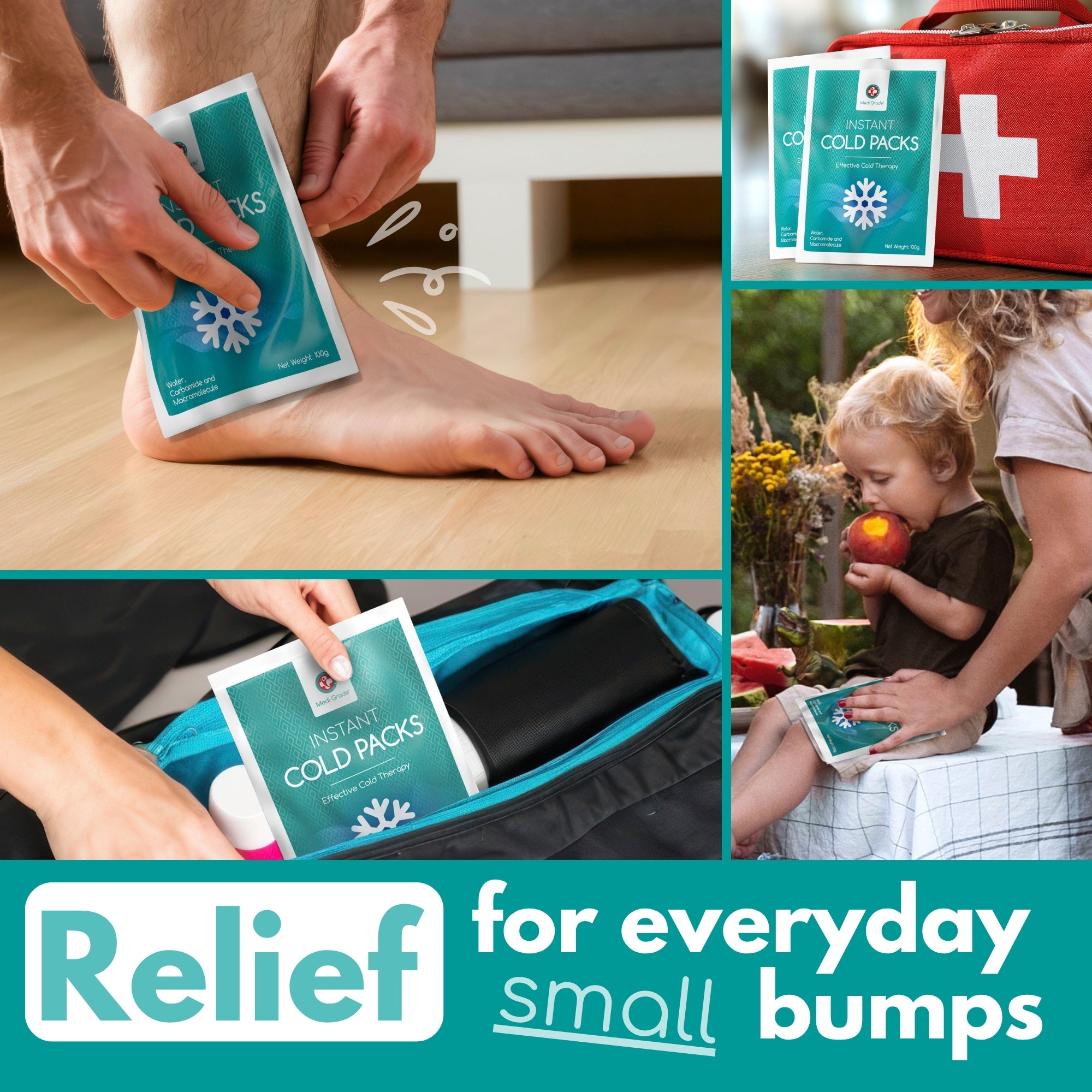 Medi Grade Instant Cold Pack, 100 Packs of 100g (4.5”x6”) - for Injuries with Stabilisation Band