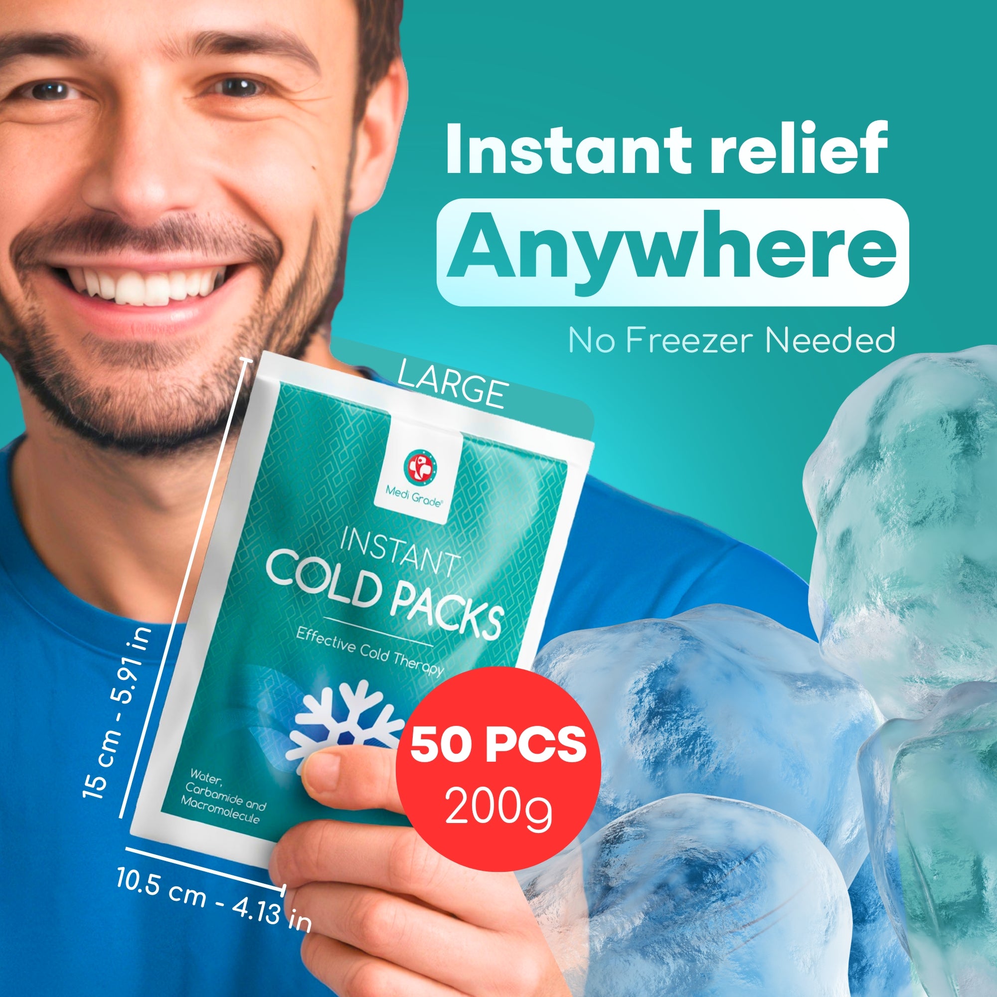 Medi Grade Instant Cold Pack, 50 Packs of 200g (6”x8”) - for Injuries with Stabilisation Band