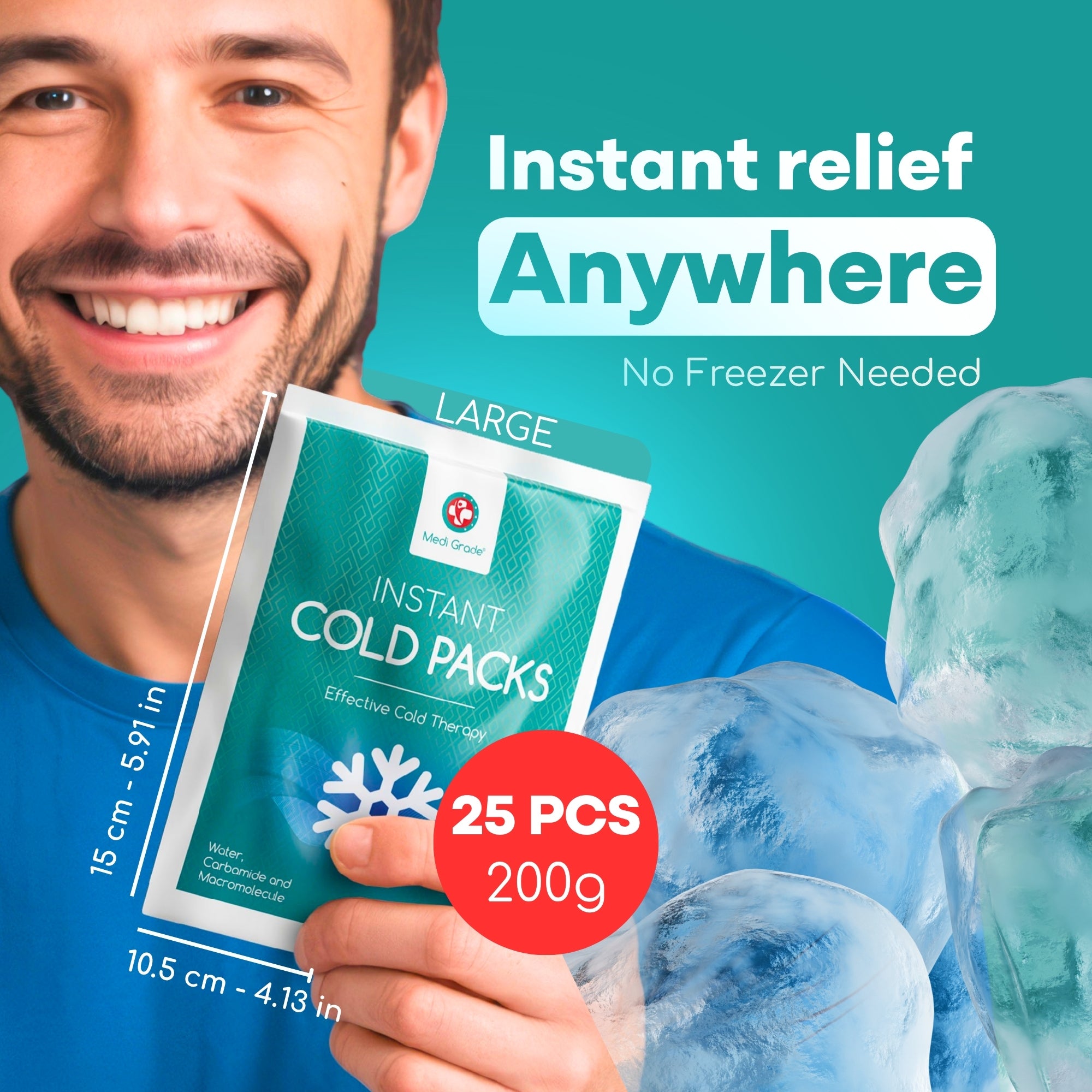 Medi Grade Instant Cold Pack, 25 Packs of 200g (6”x8”) - for Injuries with Stabilisation Band