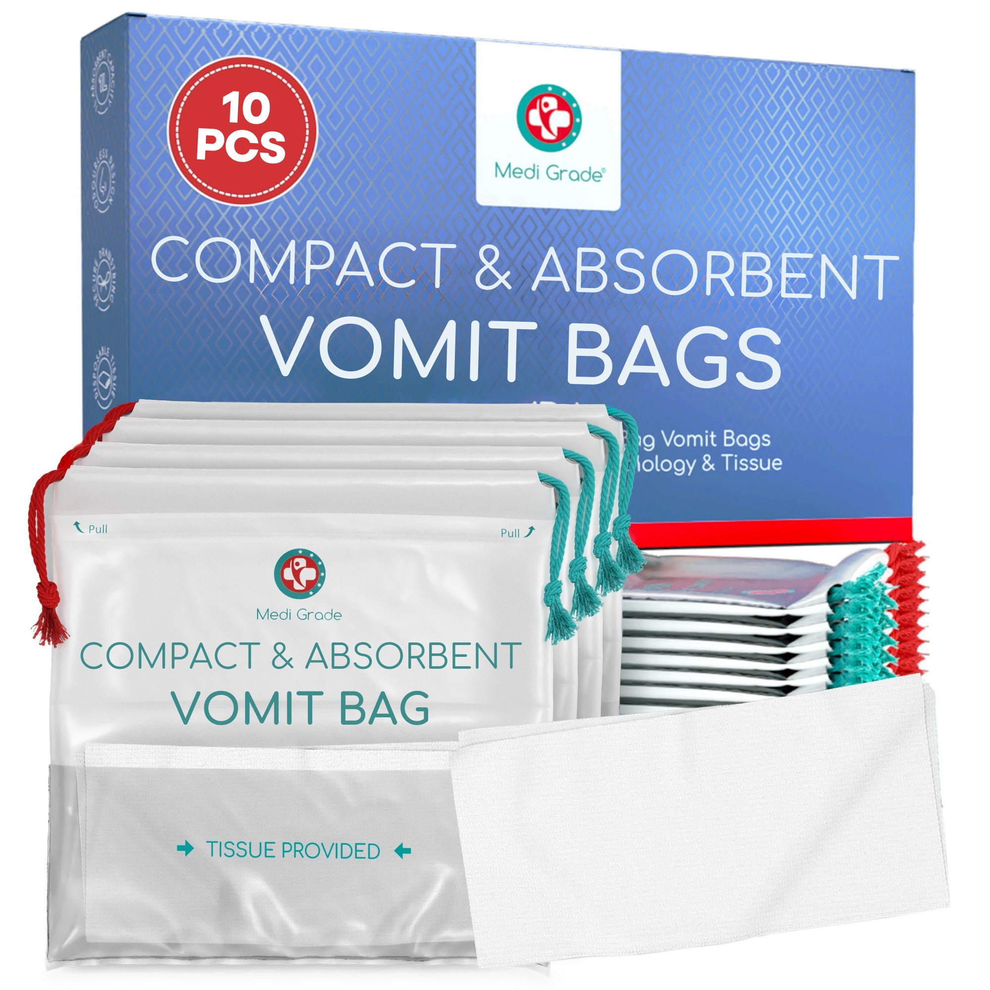 Medi Grade Travel Vomit Bag, Pack of 10 - Disposable Sick Bags