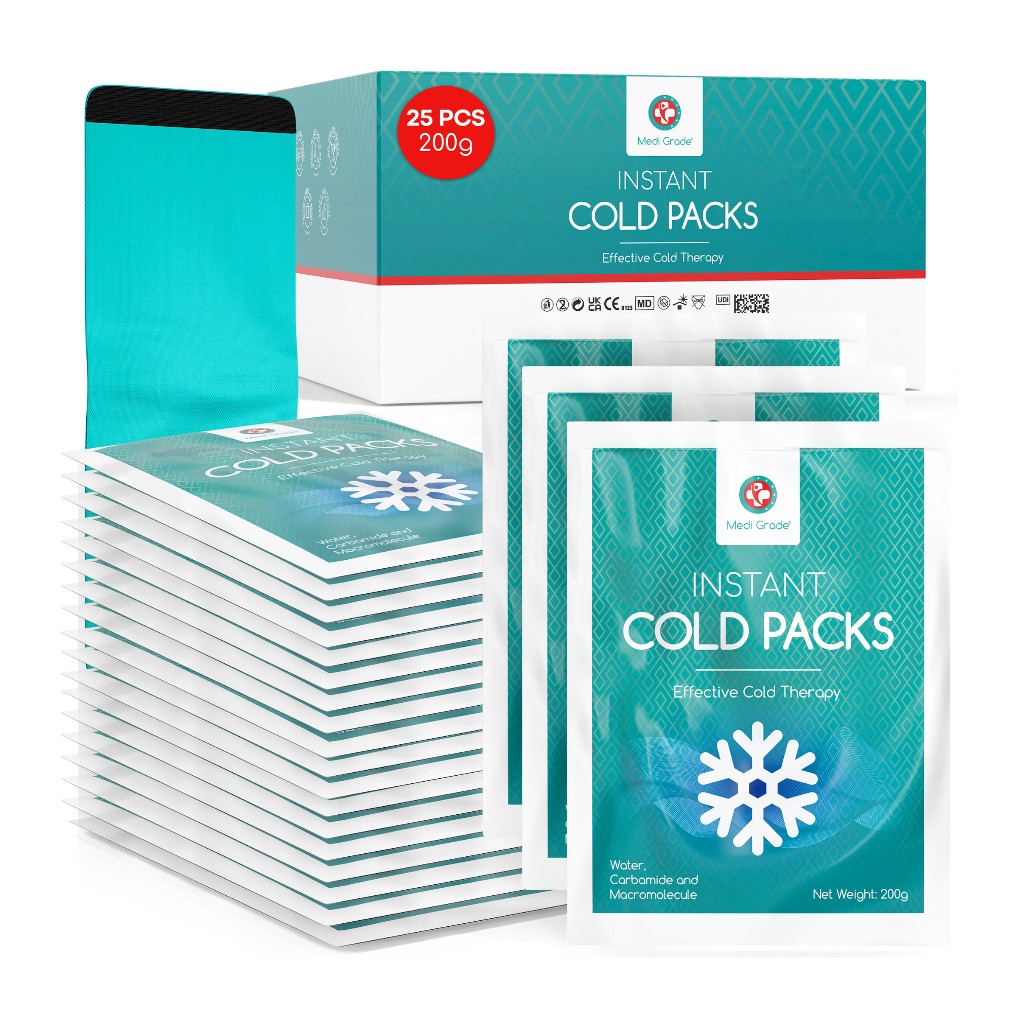 Medi Grade Instant Cold Pack, 25 Packs of 200g (6”x8”) - for Injuries with Stabilisation Band