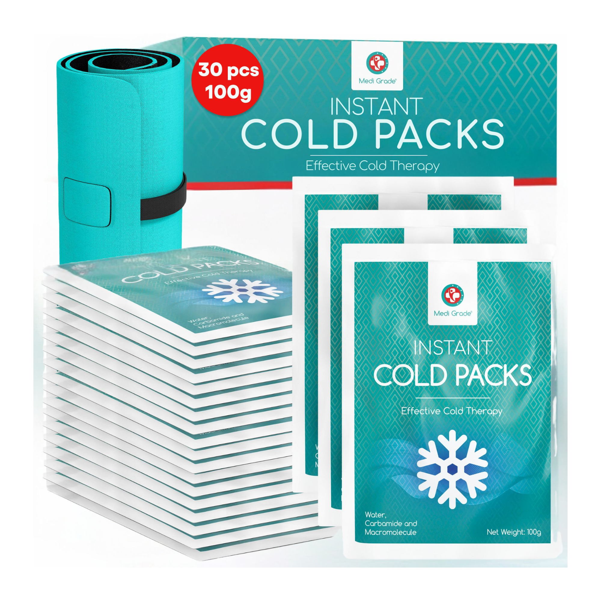 Medi Grade Instant Cold Pack, 30 Packs of 100g (4.5”x6”) - for Injuries with Stabilisation Band