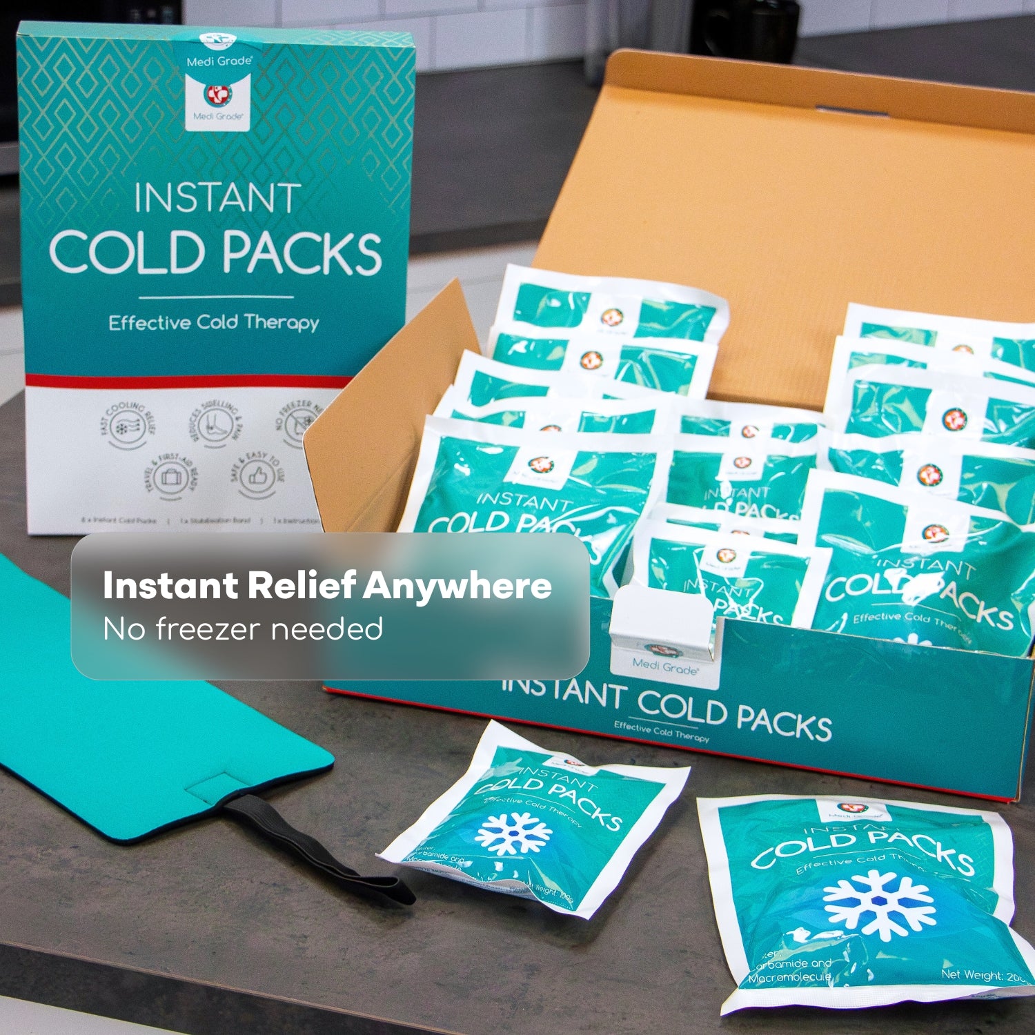 Medi Grade Instant Cold Pack, 50 Packs of 200g (6”x8”) - for Injuries with Stabilisation Band