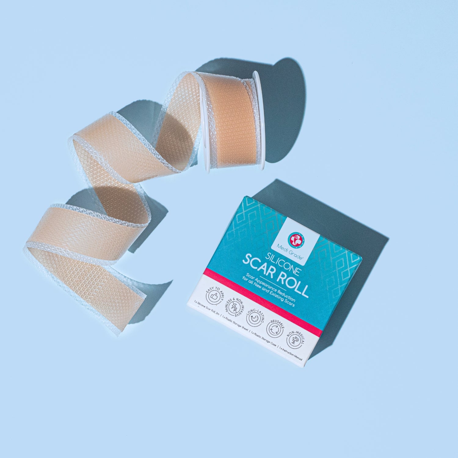Medi Grade Silicone Scar Tape, 2 Meters, with Hygienic Case - Reusable and Eco-Friendly Silicone Scar Tape