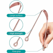 Load image into Gallery viewer, A copper tongue scraper with labels pointing to its different features like large surface, high strength, easy grip