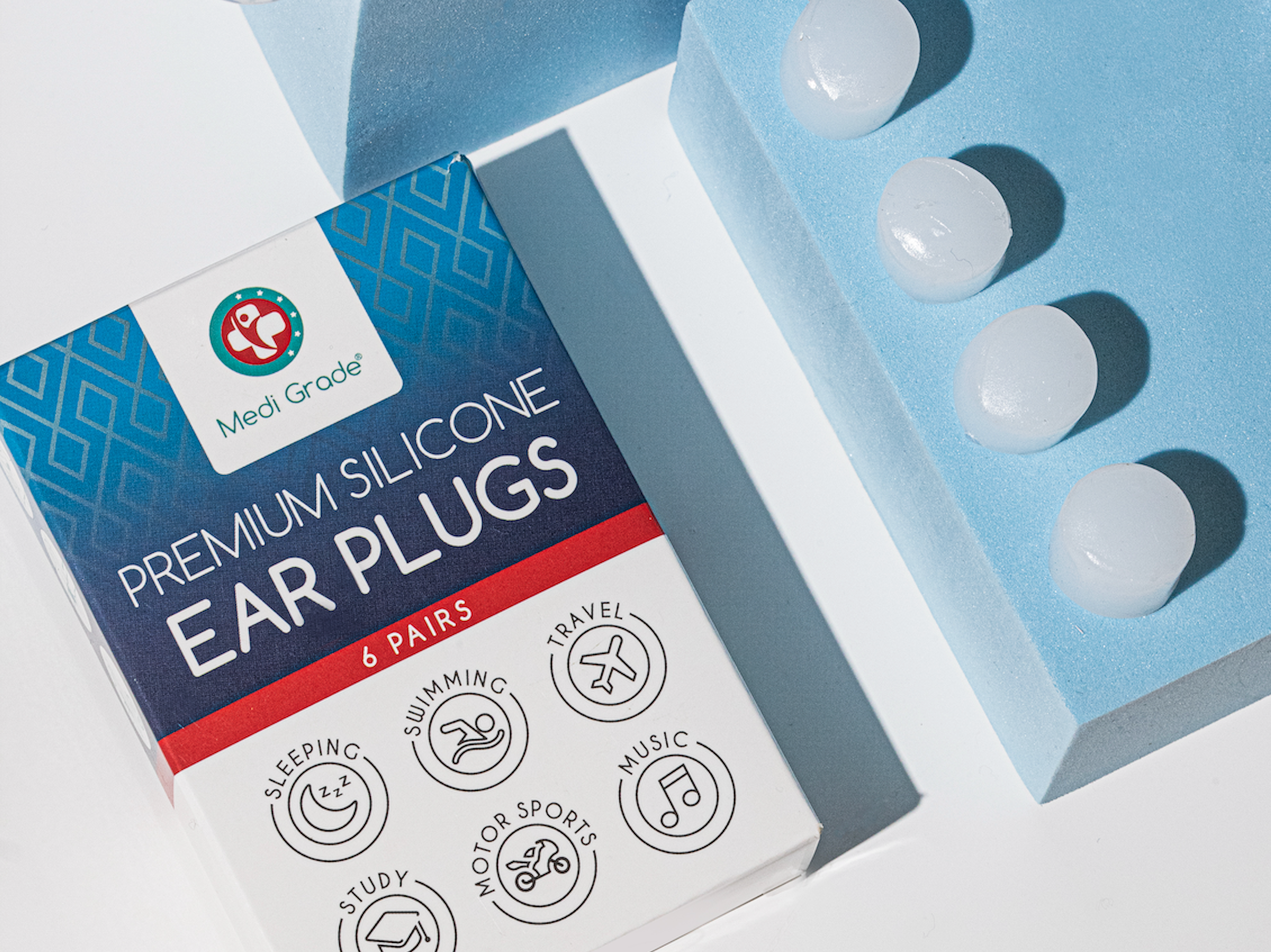 Medi Grade Silicone Earplugs retail box and 2 pairs of earplugs