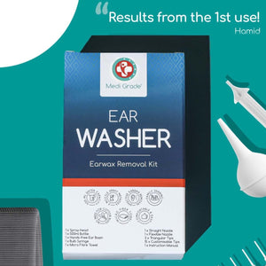 Ear Washer bottle retail box with text 'results from the 1st use!'