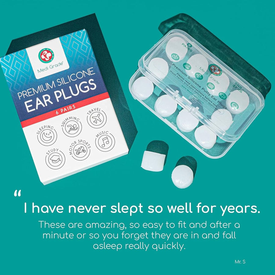 Medi Grade Silicone ear plugs and its retail box with a customer review below saying "I have never slept so well for years. These are amazing, so easy to fit and after a minute or so you forget they are in and fall asleep really quickly"