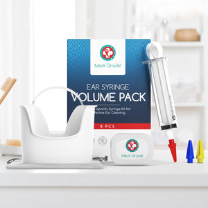 Medi Grade Ear Syringe Volume Pack full kit & accessories - ear syringe, 3 tips, compressed towel, hands-free ear basin, storage bag