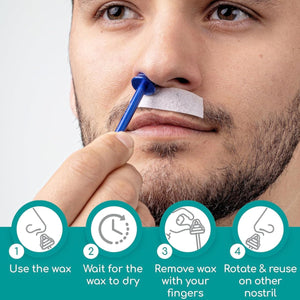 Man with body tape covering his moustache while putting the nose metal applicator in his nostril with steps below showing how the nose wax kit is used