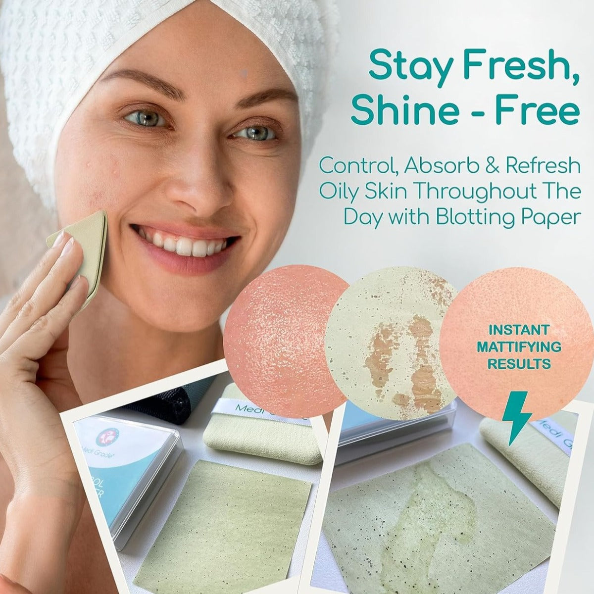 Woman using a blotting paper on her face with zoomed in image of used blotting paper