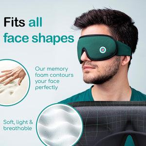 A man wearing a sleep eye mask with a zoomed image of the memory foam feature of the eye mask