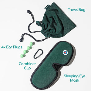 Flat lay of Medi Grade sleeping eye mask, 4 foam earplugs, a carabiner clip, & drawstring travel bag