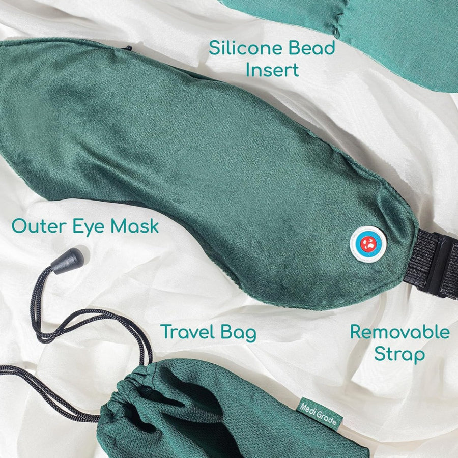 Flat lay of Medi Grade Heated Eye Mask, travel bag, and its bag insert