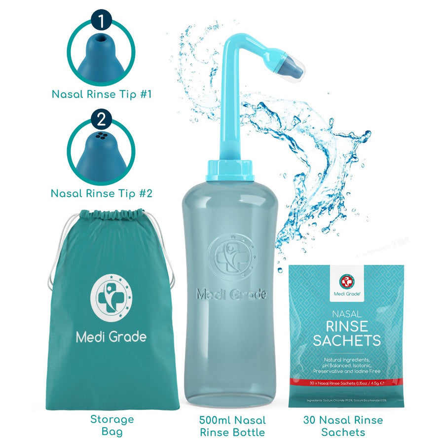 Medi Grade Nasal Rinse Bottle, storage bag, nasal rinse sachets, and its 2 nasal rinse tips