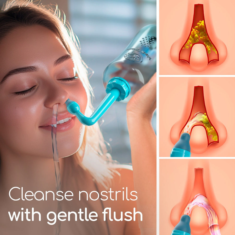 Woman using the nasal rinse bottle with water coming out from her nostril and a diagram beside showing how the nasal rinse bottle works