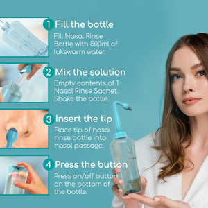 Woman holding the Medi Grade nasal rinse bottle with steps beside showing how to using the bottle to clean nose