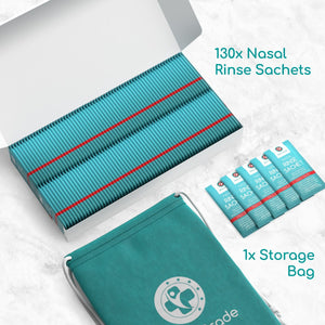 130 Nasal rinse sachets and a drawstring storage bag