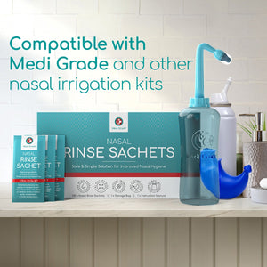 Nasal rinse sachet and its retail box, nasal rinse bottle, beside other nasal irrigation kits