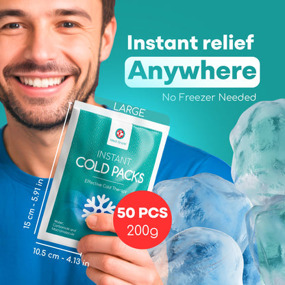 Medi Grade Instant Cold Pack, 50 Packs of 100g (4.5”x6”) - for Injuries with Stabilisation Band