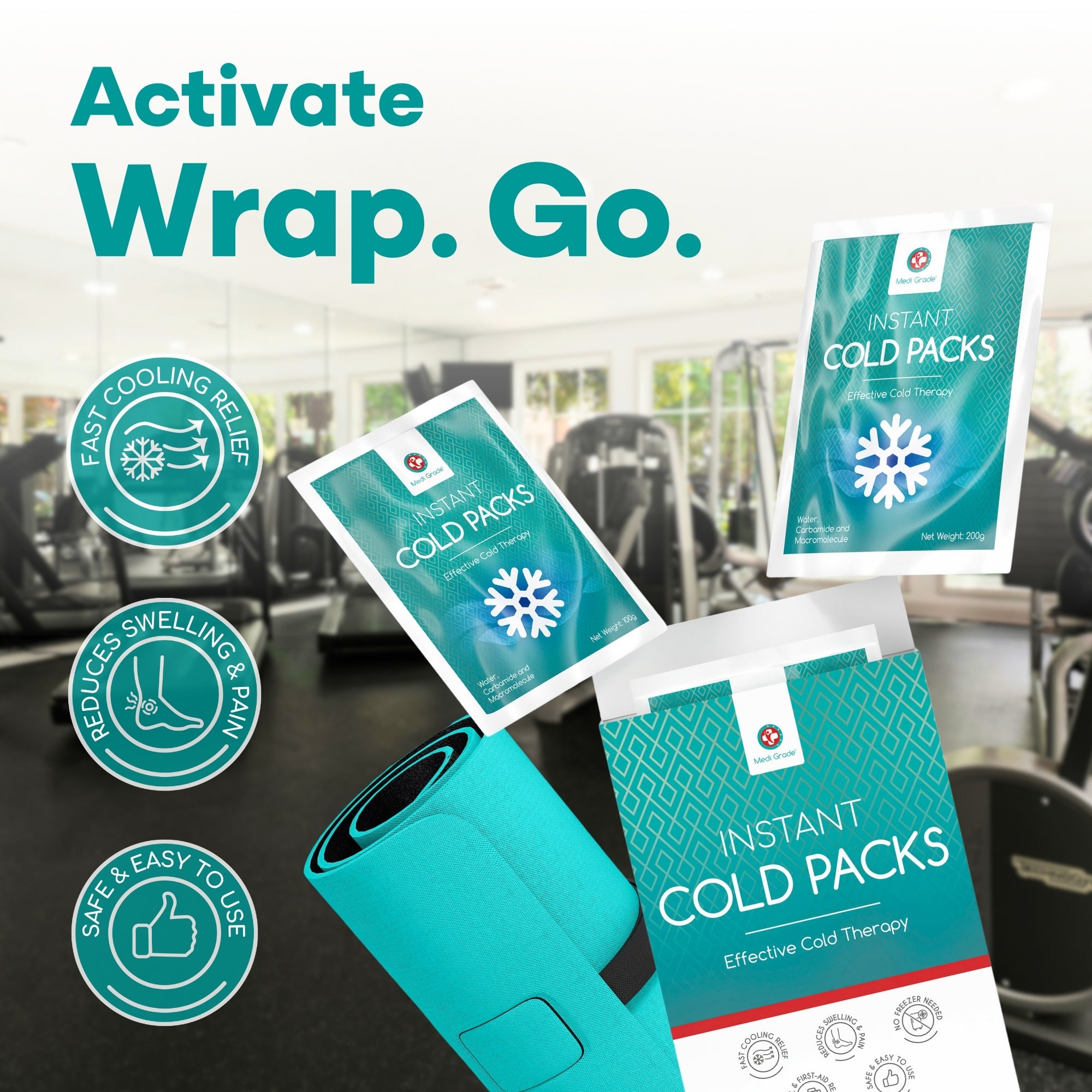 Medi Grade Instant Cold Pack, 50 Packs of 100g (4.5”x6”) - for Injuries with Stabilisation Band