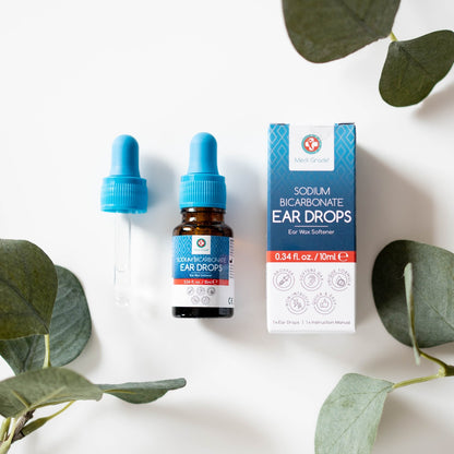 Sodium Bicarbonate ear drops bottle, its dropper and its retail box