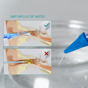 Water coming out from the tip from an ear syringe with a diagram beside it showing how to correctly remove earwax