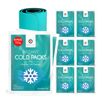 Medi Grade Instant Cold Pack, 8 Packs of 100g (4.5”x6”) - for Injuries with Stabilisation Band