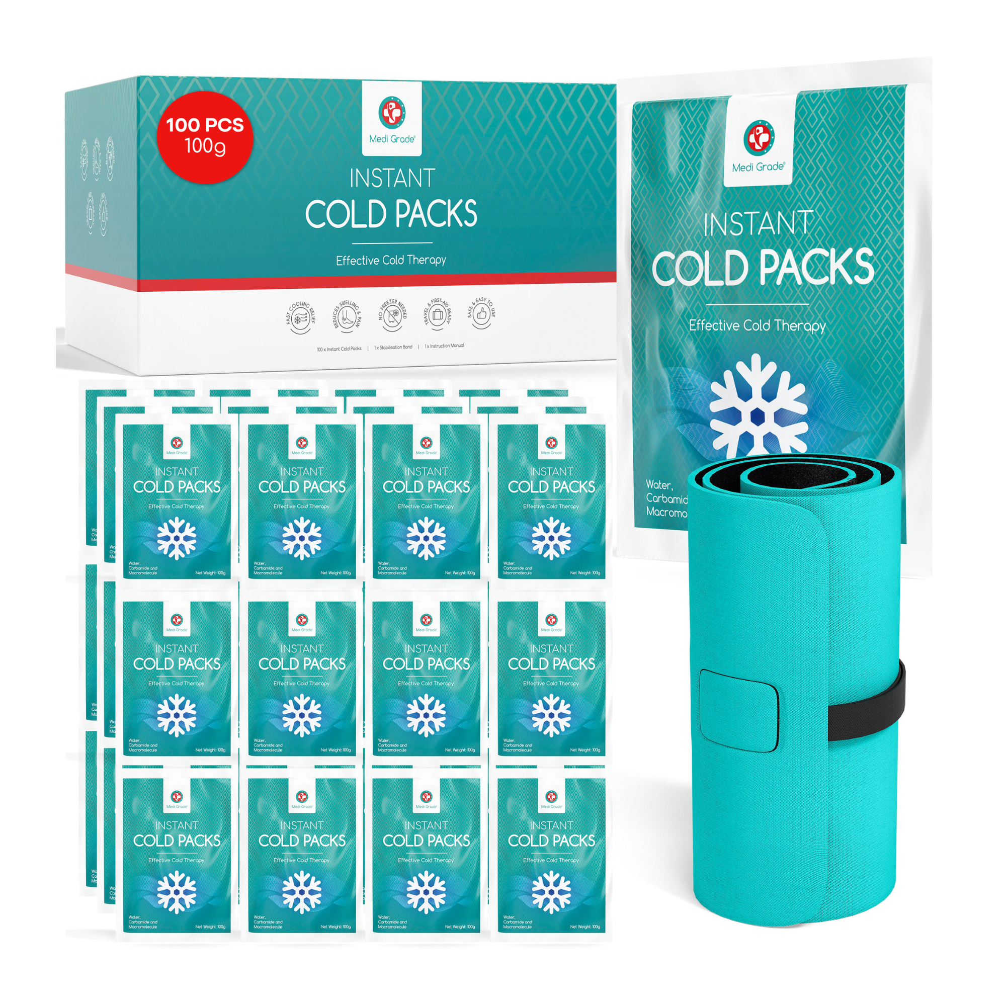 Medi Grade Instant Cold Pack, 100 Packs of 100g (4.5”x6”) - for Injuries with Stabilisation Band