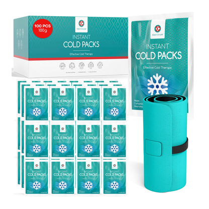 Medi Grade Instant Cold Pack, 100 Packs of 100g (4.5”x6”) - for Injuries with Stabilisation Band