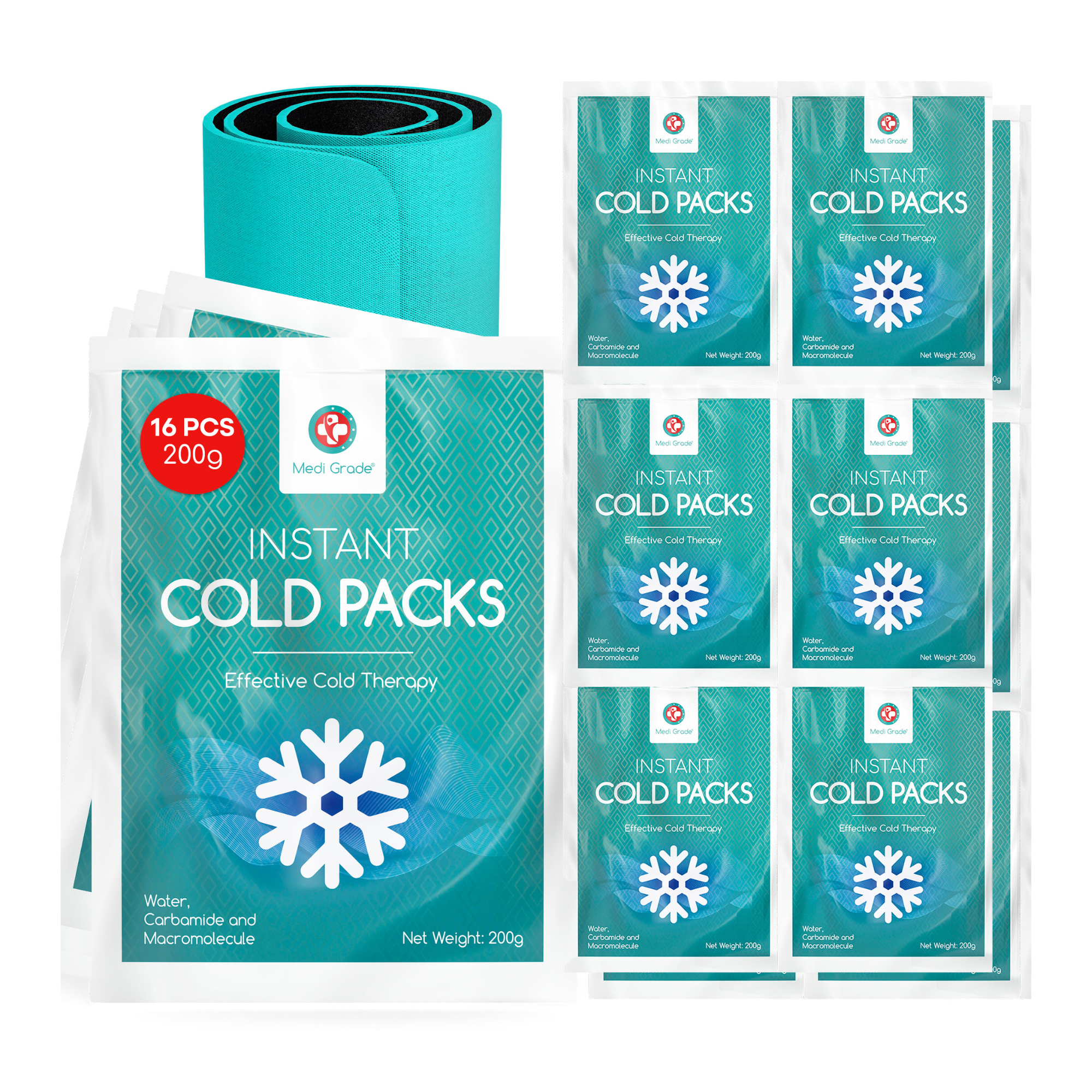 Medi Grade Instant Cold Pack, 16 Packs of 200g (6”x8”) - for Injuries with Stabilisation Band