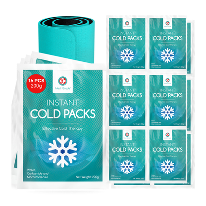 Medi Grade Instant Cold Pack, 16 Packs of 200g (6”x8”) - for Injuries with Stabilisation Band