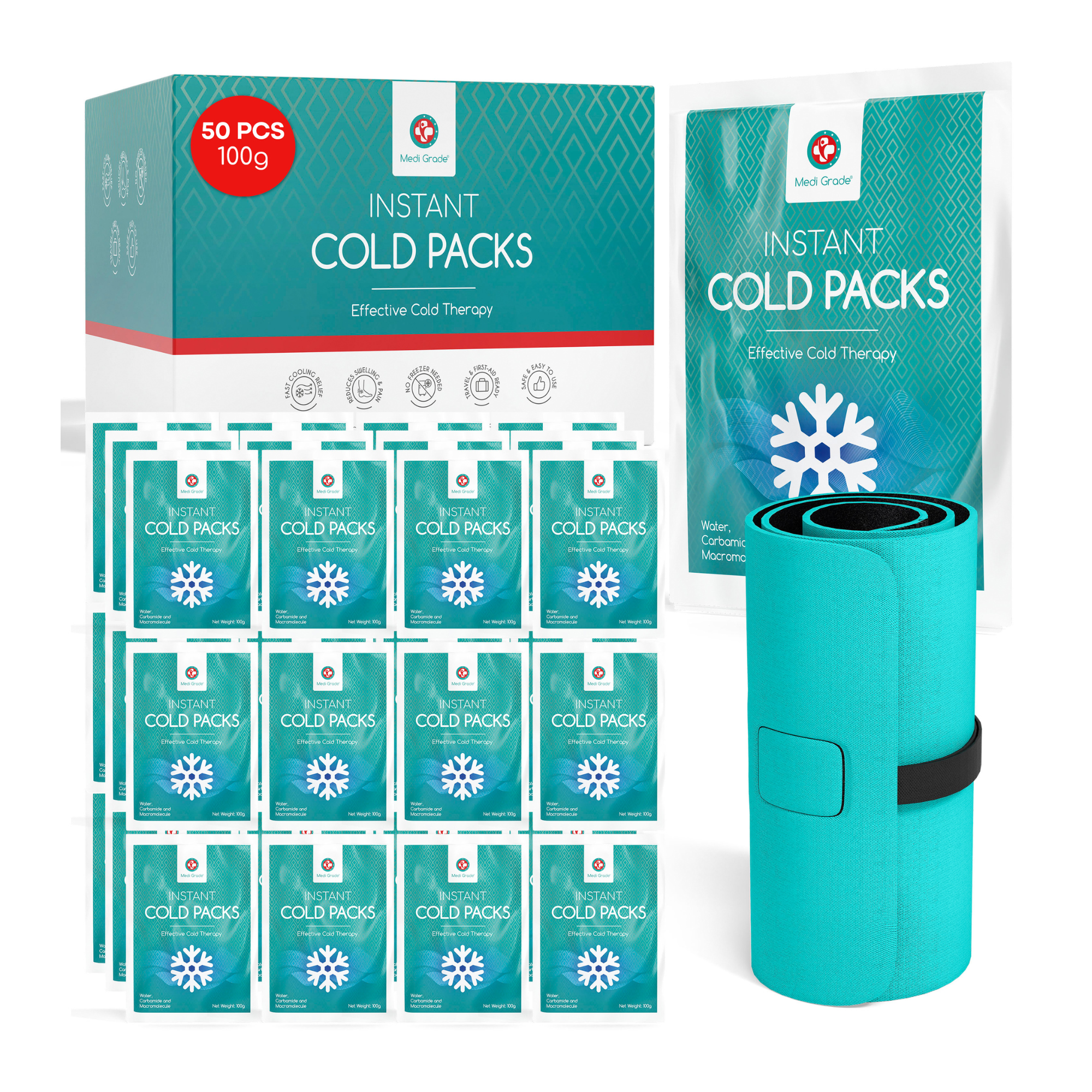Medi Grade Instant Cold Pack, 50 Packs of 100g (4.5”x6”) - for Injuries with Stabilisation Band
