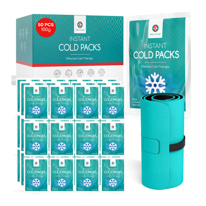 Medi Grade Instant Cold Pack, 50 Packs of 100g (4.5”x6”) - for Injuries with Stabilisation Band
