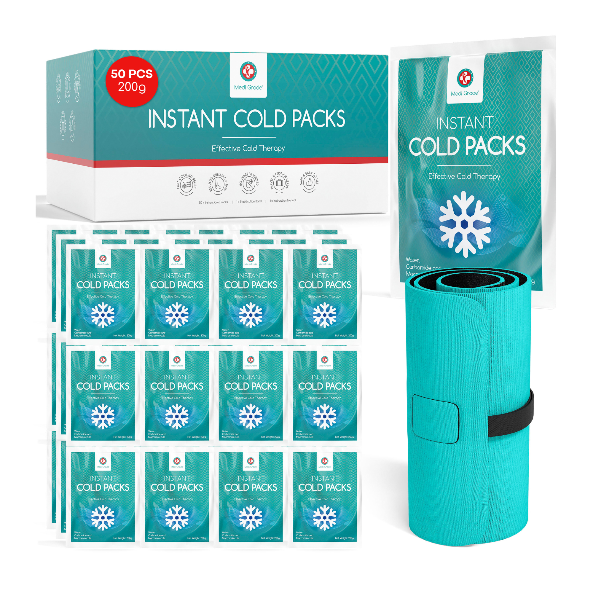Medi Grade Instant Cold Pack, 50 Packs of 200g (6”x8”) - for Injuries with Stabilisation Band