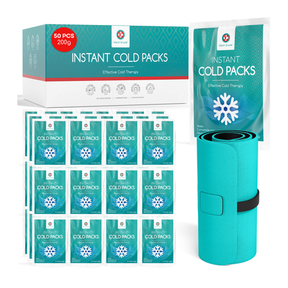 Medi Grade Instant Cold Pack, 50 Packs of 200g (6”x8”) - for Injuries with Stabilisation Band