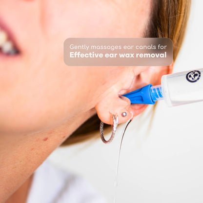 Person using an ear cleaning tool with text on effective ear wax removal.
