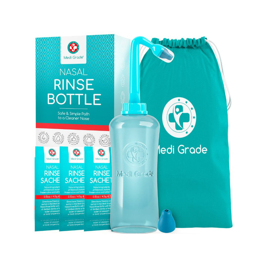 Medi Grade Nasal rinse bottle, 2 nasal rinse tips, nasal rinse sachets, storage bag, and its retail box