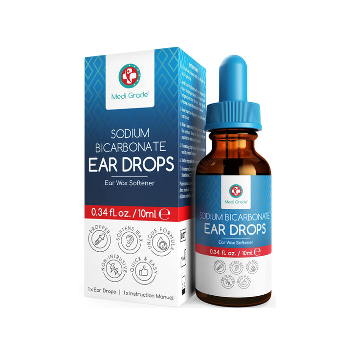Medi Grade Sodium Bicarbonate Ear Drops with its retail box beside it