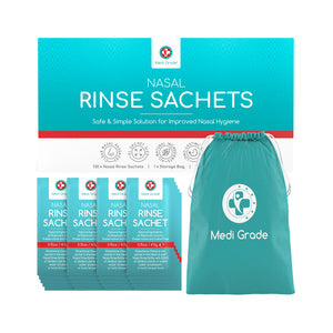 Medi Grade Nasal rinse sachets, storage bag, and its retail box