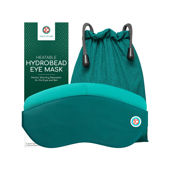 Medi Grade Heated Eye Mask, silicone bead insert, and its retail box