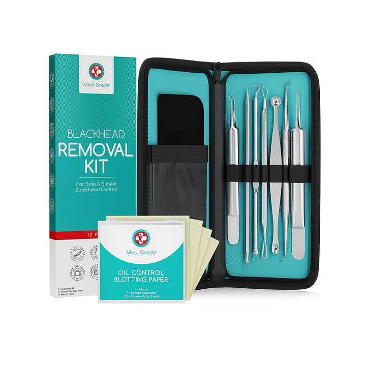 Medi Grade Blackhead Removal Kit with 7 tools, oil control blotting paper, and its retail box