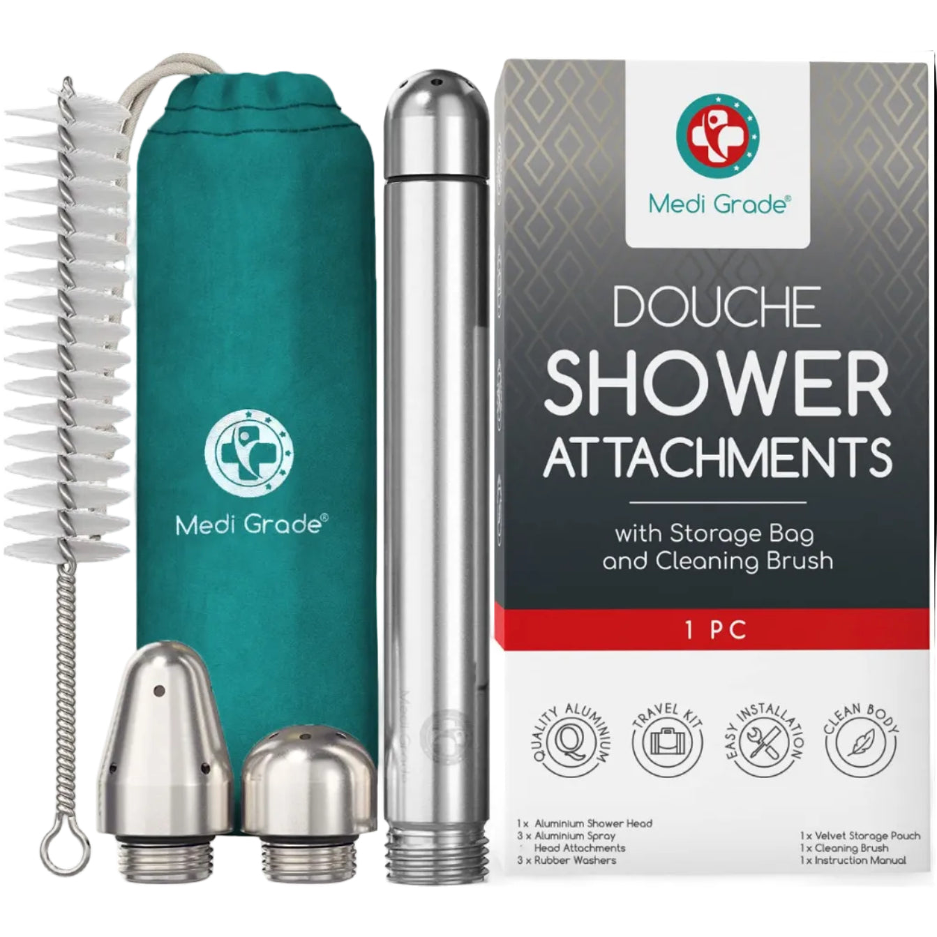 Medi Grade 3 Douche Shower Attachments, drawstring bag, brush, and its retail box