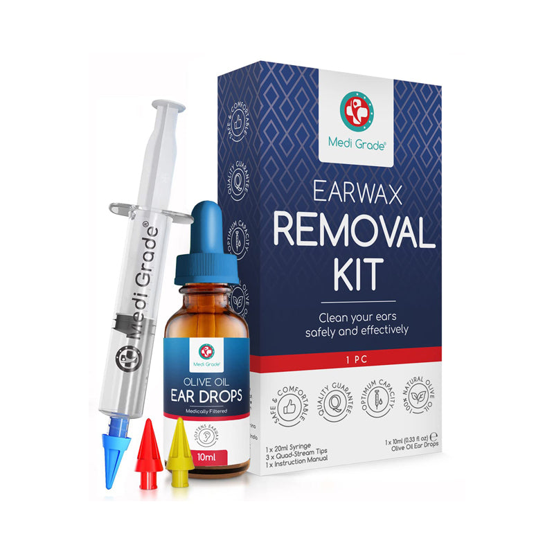 Earwax removal syringe, 3 tips, olive oil ear drops and retail box
